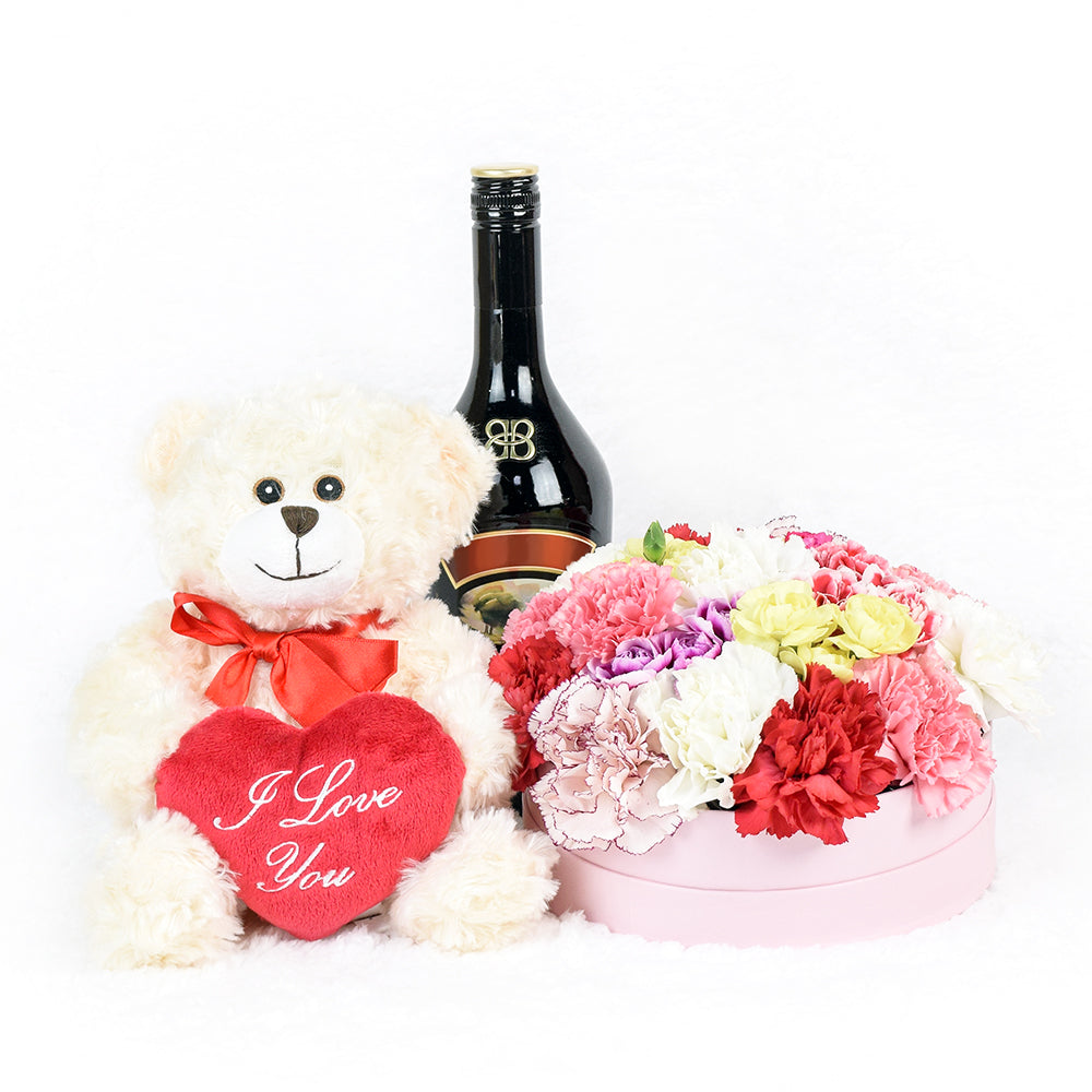 Love In Paris Flowers &amp; Spirits Gift, Carnation Hat Box Arragement With Spirits and plush, from Vancouver Blooms - Same Day Vancouver Delivery.