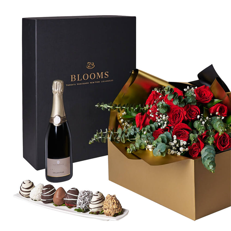 Love Like This Rose Gift Box, rose gift, roses, champagne gift, champagne, sparkling wine gift, sparkling wine, rose gift, roses, flower gift, flowers, chocolate covered strawberries, chocolate covered strawberry gift, valentines gift, valentines. Vancouver Delivery