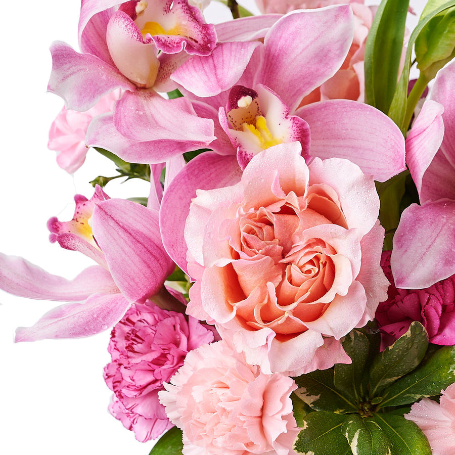 Exquisite Pink Arrangement, Lush shades of pink with an assortment of fresh flowers, including orchids, roses, tulips, and more. Presented in a round white box, Floral Gifts from Vancouver Blooms - Same Day Vancouver Delivery.