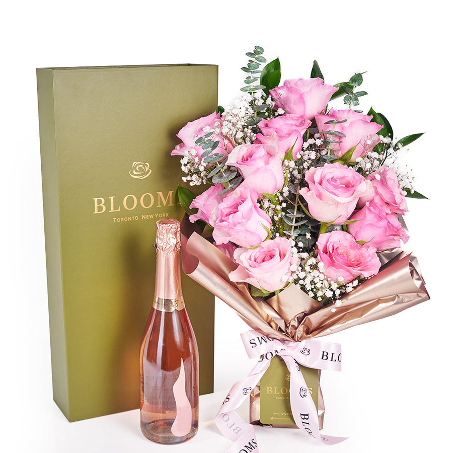 Mother’s Day 12 Stem Pink Rose Bouquet with Box & Champagne – Mother’s Day Gifts – Vancouver delivery