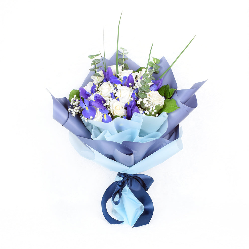 Muted Grace Rose Bouquet, White Roses and Iris Floral Bouquet, Flower Gifts from Vancouver Blooms - Same Day Vancouver Delivery.