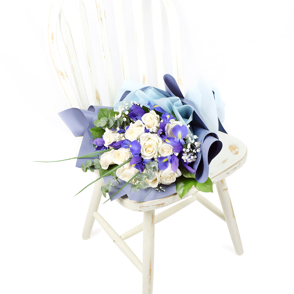 Muted Grace Rose Bouquet, White Roses and Iris Floral Bouquet, Flower Gifts from Vancouver Blooms - Same Day Vancouver Delivery.
