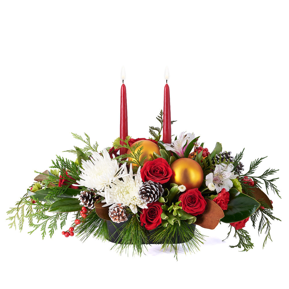Candlelit Holiday Floral Arrangement, Floral Arrangement, Flower Gifts from Vancouver Blooms - Same Day Vancouver Delivery.