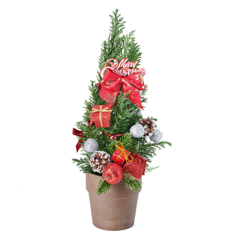Merry Decorated Mini Christmas Tree, Arriving pre-decorated with Christmas ornaments and pine cones, this delightful potted tree brings a festive touch to any area, whether it's a spacious room or a cozy nook, from Vancouver Blooms - Same Day Vancouver Delivery.