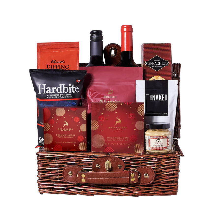 Gourmet Christmas Wine Duo Gift Basket, two bottles of wine includes multigrain crackers, dry roasted peanuts, a bar of dark chocolate, chocolate truffles, smokey barbecue chips, aioli garlic mustard sauce, milk chocolate chip shortbread cookies, chipotle dipping pretzels, all elegantly arranged in a classic wicker gift basket, Gourmet Gifts from Vancouver Blooms - Same Day Vancouver Delivery.