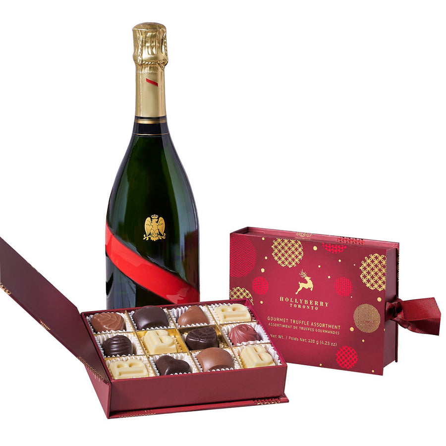 Holiday Champagne & Chocolate Gift, a bottle of sparkling wine and a box of seasonal holiday chocolate truffles, Holiday Gifts from Vancouver Blooms - Same Day Vancouver Delivery.
