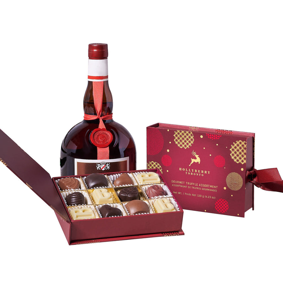 Christmas Liquor & Chocolate Gift, a bottle of premium liquor and a box of assorted gourmet chocolate truffles, Christmas Gifts from Vancouver Blooms - Same Day Vancouver Delivery.