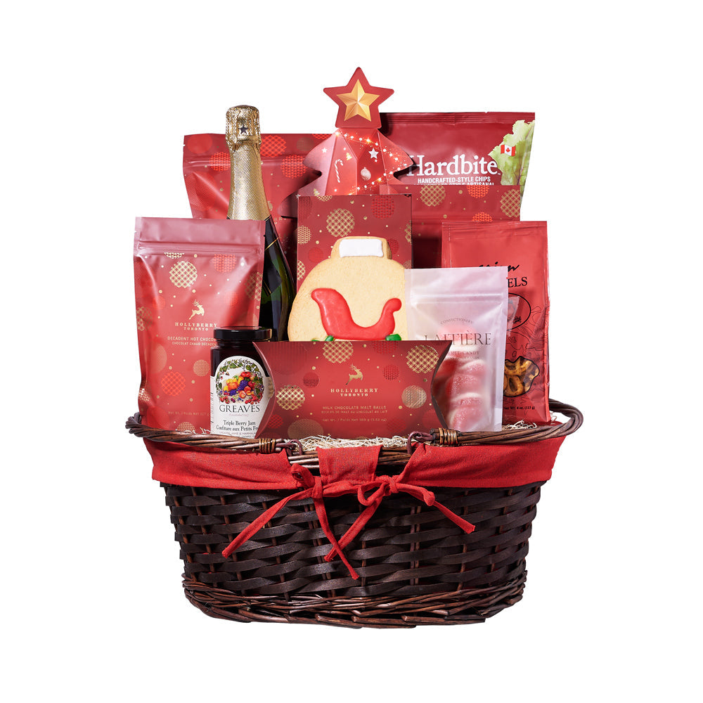 Christmas Delights Champagne Gift Basket, a bottle of sparkling wine accompanied by triple berry jam, beet chips, cherry cream rings, Cajun-seasoned pretzels, chocolate truffles, hot chocolate, white chocolate peppermint popcorn, white chocolate cranberry shortbread cookies, milk chocolate malt balls, chocolate-covered cranberries, a hand-decorated sugar cookie, Christmas Gift from Vancouver Blooms - Same Day Vancouver Delivery.