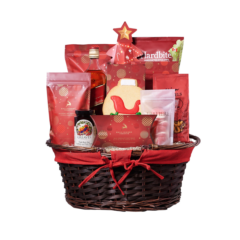 Christmas Delights Liquor Gift Basket, a splendid bottle of liquor, complemented by triple berry jam, beet chips, cherry cream rings, Cajun-seasoned pretzels, chocolate truffles, hot chocolate, white chocolate peppermint popcorn, white chocolate cranberry shortbread cookies, milk chocolate malt balls, chocolate-covered cranberries, a hand-decorated sugar cookie, Christmas Gifts from Vancouver Blooms - Same Day Vancouver Delivery.