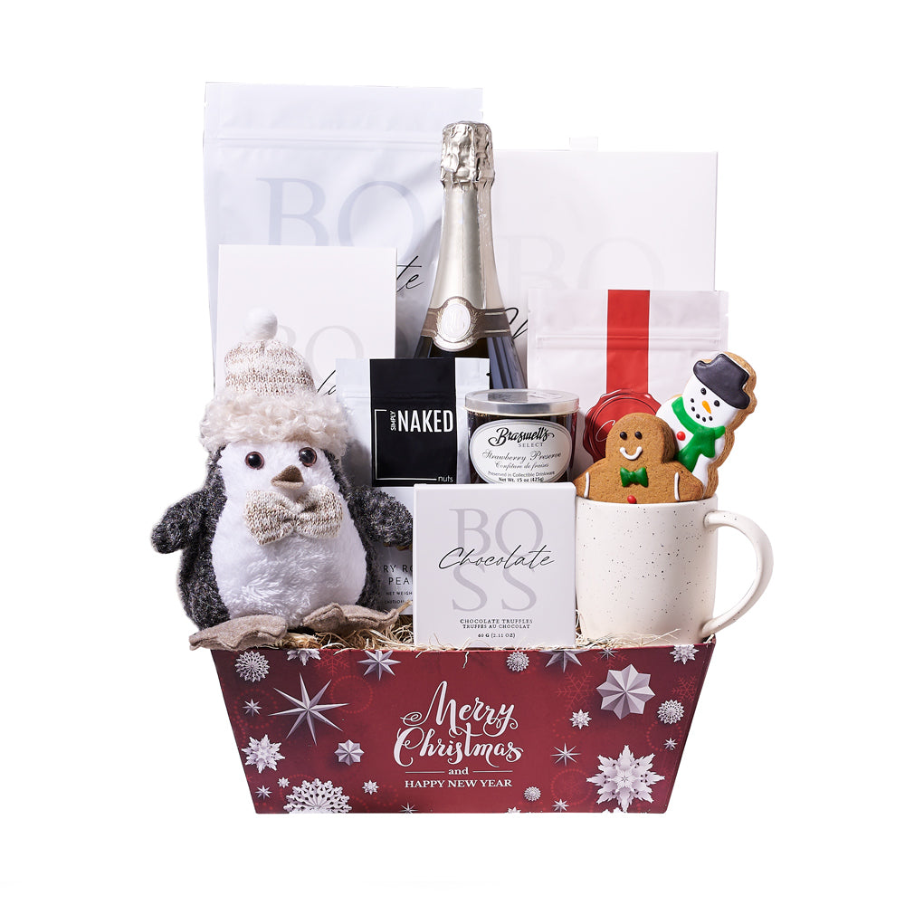 Christmas Champagne & Hot Cocoa Gift,  hot chocolate, gingerbread man and snowman cookies, strawberry preserves, chocolate truffles, white chocolate caramel pretzel popcorn with pecans, milk chocolate caramels, assorted chocolate truffles, dry roasted peanuts, a bottle of sparkling wine, a white mug, a small penguin plush character, Christmas Gifts from Vancouver Blooms - Same Day Vancouver Delivery.