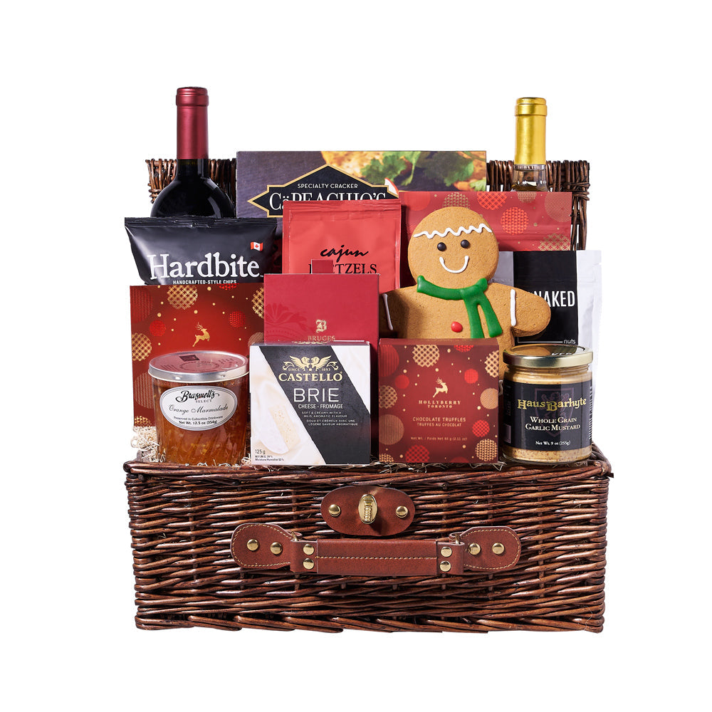 Let It Snow Wine Duo Gift Basket, chocolate truffles, a bar of dark chocolate, white chocolate cranberry shortbread cookies, Cajun-seasoned pretzels, whole grain garlic mustard, orange marmalade, BBQ chips, dry roasted peanuts, a gingerbread man cookie, a mug, hot chocolate mix, crackers, creamy brie cheese, and two bottles of wine, Holiday Gifts from Vancouver Blooms - Same Day Vancouver Delivery.