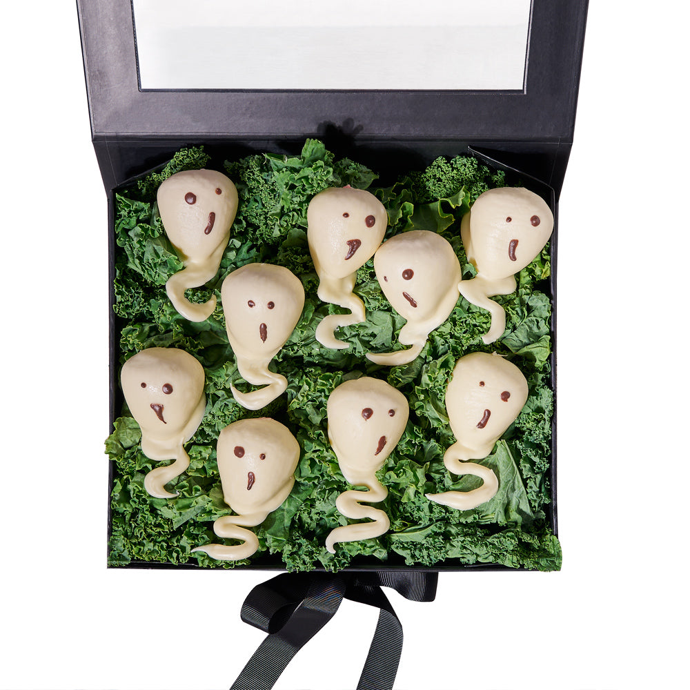 Halloween Ghost Dessert Gift Set,  set of nine chocolate-covered strawberries creatively hand-decorated as charming ghosts, Holiday Gifts from Vancouver Blooms - Same Day Vancouver Delivery.