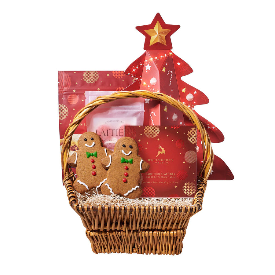 Gourmet Christmas Sweet Gift Basket, cherry cream gummy rings, two gingerbread cookies, dark chocolate, white chocolate cranberry shortbread cookies, assorted chocolate truffles, all presented in a classic wicker gift basket, from Vancouver Blooms - Same Day Vancouver Delivery.