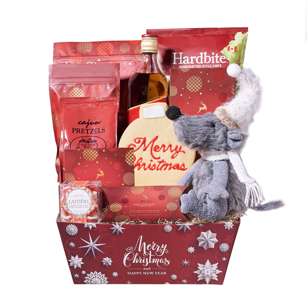 Holiday Mouse &amp; Liquor Gift Basket, bottle of liquor, cherry cream gummy rings, beet chips, chocolate truffles, milk chocolate malt balls, hot cocoa mix, Cajun-spiced pretzels, a hand-decorated Christmas cookie, dark chocolate-covered cranberries, white chocolate peppermint popcorn, a delightful holiday mouse plush decoration, and a holiday market tray, Holiday Gifts from Vancouver Blooms - Same Day Vancouver Delivery.