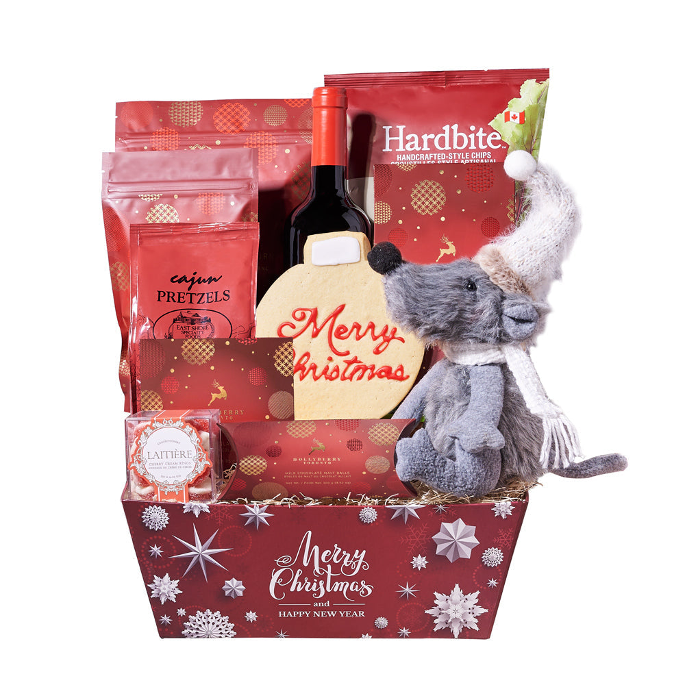 Holiday Mouse & Wine Gift Basket, bottle of wine along with cherry cream gummy rings, beet chips, chocolate truffles, milk chocolate malt balls, hot cocoa mix, Cajun-spiced pretzels, a hand-decorated Christmas cookie, dark chocolate-covered cranberries, white chocolate peppermint popcorn, a delightful holiday mouse plush decoration, and a holiday market tray, Holiday Gifts from Vancouver Blooms - Same Day Vancouver Delivery.