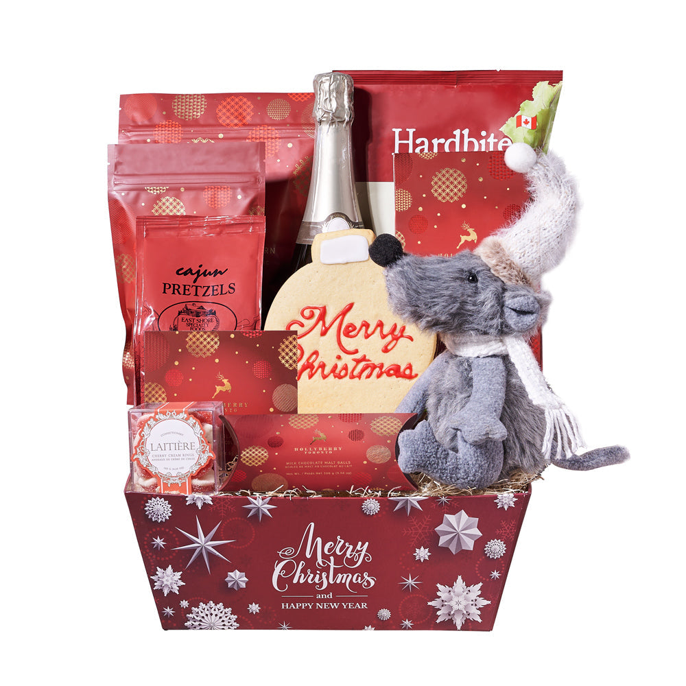 Holiday Mouse &amp; Champagne Gift Basket, sparkling wine, cherry cream gummy rings, beet chips, chocolate truffles, milk chocolate malt balls, hot cocoa mix, Cajun-spiced pretzels, a hand-decorated Christmas cookie, dark chocolate-covered cranberries, white chocolate peppermint popcorn, a delightful holiday mouse plush decoration, and a holiday market tray, Holiday Gifts from Vancouver Blooms - Same Day Vancouver Delivery.