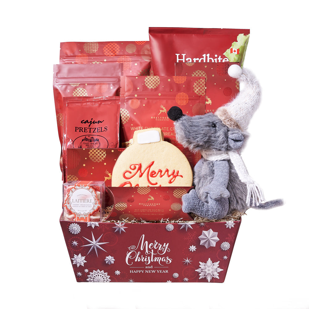 Holiday Mouse &amp; Gourmet Gift Basket, cherry cream gummy rings, beet chips, white chocolate cranberry shortbread cookies, chocolate truffles, milk chocolate malt balls, hot cocoa mix, Cajun-spiced pretzels, a hand-decorated Christmas cookie, dark chocolate-covered cranberries, white chocolate peppermint popcorn, a charming holiday mouse plush decoration, and a holiday market tray, Holiday Gifts from Vancouver Blooms - Same Day Vancouver Delivery.