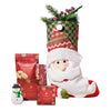 Holiday Stocking Gourmet Gift Set, Santa-themed stocking filled with chocolate truffles, cinnamon caramel gourmet popcorn, white chocolate cranberry shortbread cookies, a hand-decorated snowman cookie, and a luxurious bar of decadent dark chocolate, Holiday Gifts from Vancouver Blooms - Same Day Vancouver Delivery.
