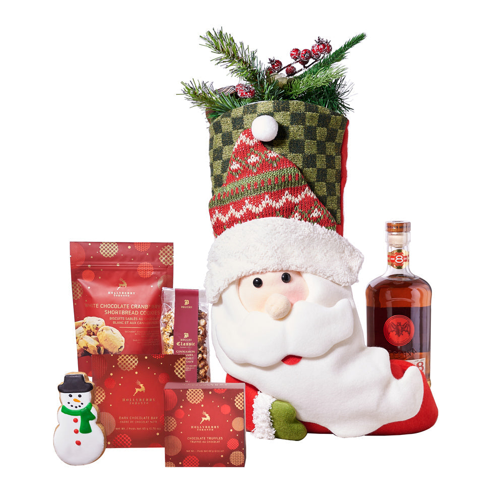 Holiday Stocking Liquor Gift Set, bottle of liquor, a Santa-themed stocking, chocolate truffles, cinnamon caramel gourmet popcorn, white chocolate cranberry shortbread cookies, a hand-decorated snowman cookie, and a bar of decadent dark chocolate, Holiday Gifts from Vancouver Blooms - Same Day Vancouver Delivery.