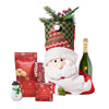 Holiday Stocking Champagne Gift Set, bottle of sparkling wine, a Santa-themed stocking, chocolate truffles, cinnamon caramel gourmet popcorn, white chocolate cranberry shortbread cookies, a hand-decorated snowman cookie, and a bar of decadent dark chocolate, Holiday Gifts from Vancouver Blooms - Same Day Vancouver Delivery.