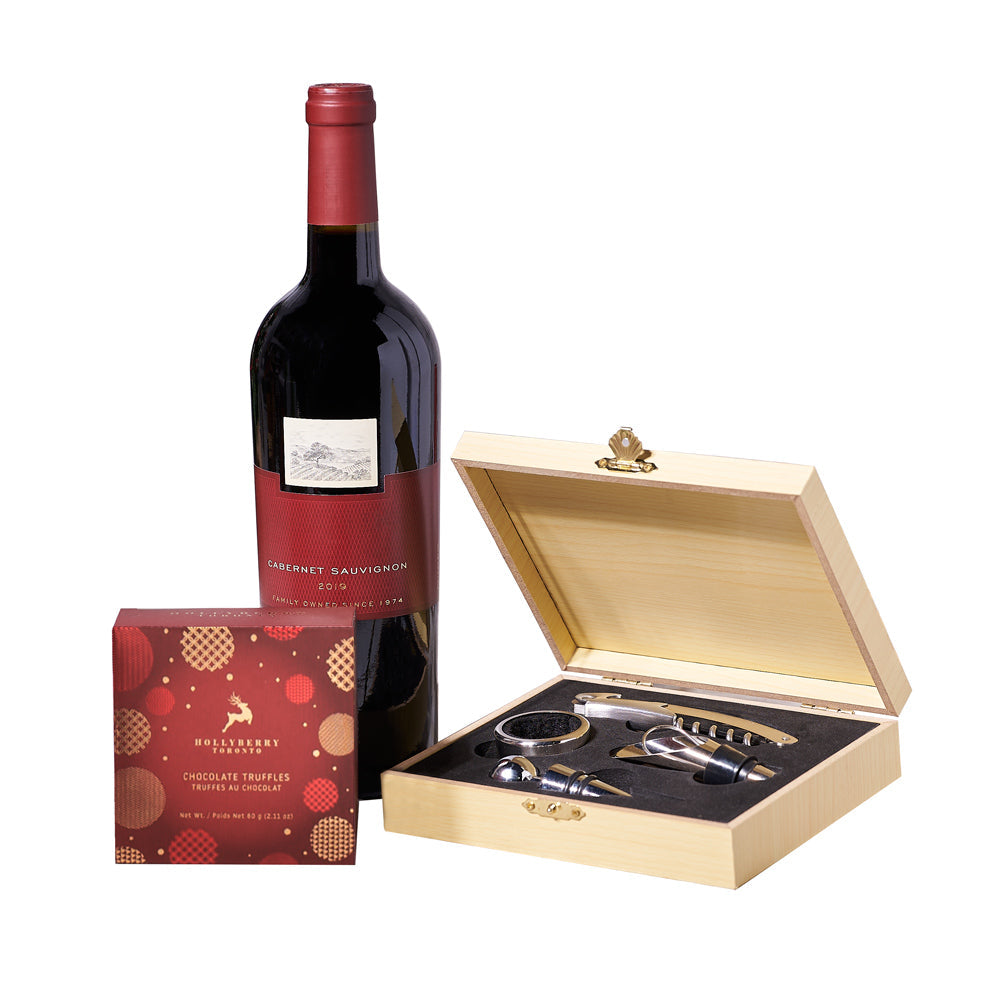 Christmas Wine Tool &amp; Truffle Gift, bottle of wine, an assortment of chocolate truffles, and a collection of wine tools for opening, serving, and storing wine, Holiday Gifts from Vancouver Blooms - Same Day Vancouver Delivery.