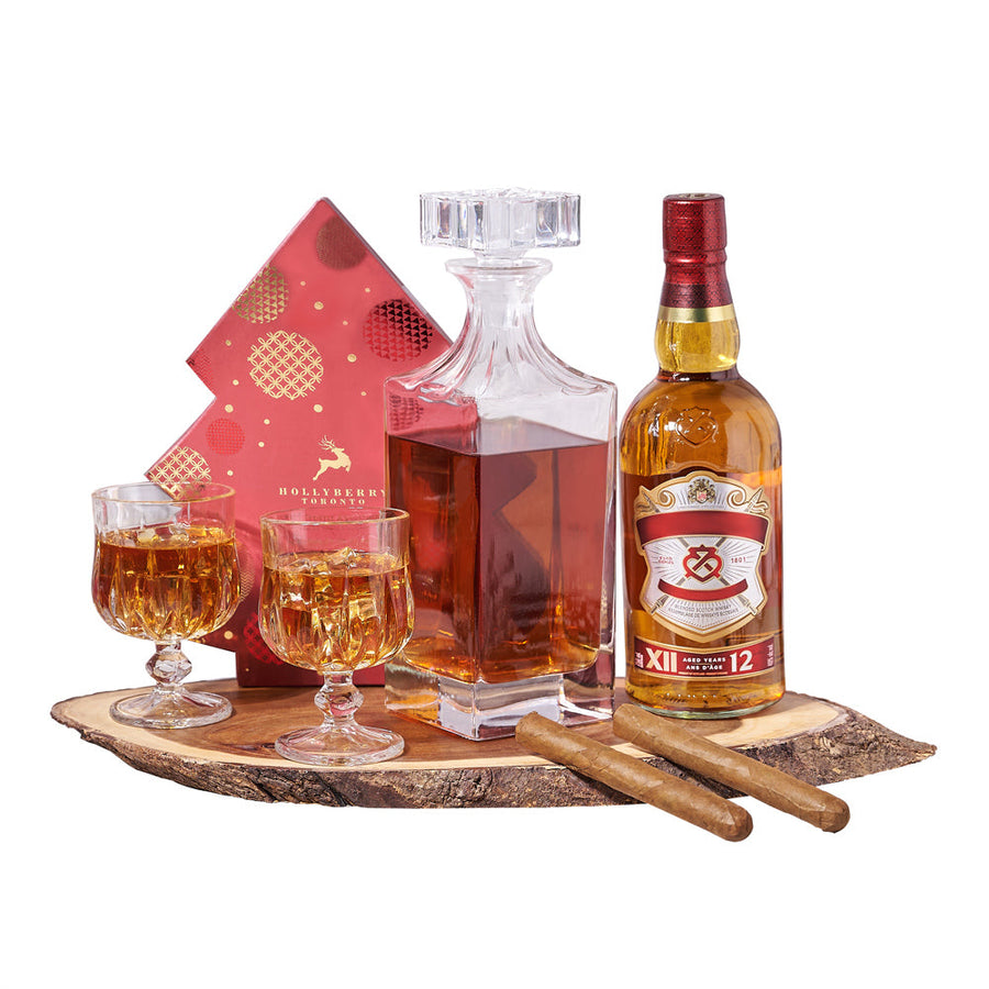 Joyous Decanter & Liquor Gift Set, bottle of liquor, a box of holiday chocolate truffles, two aromatic cigars, a stylish decanter, two snifter glasses, and a beautiful live-edge serving board, Holiday Gifts from Vancouver Blooms - Same Day Vancouver Delivery.