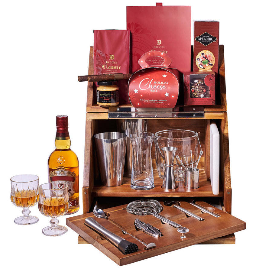 Lavish Holiday Cocktail Gift, bottle of liquor, two snifter glasses, two fragrant cigars, a milk chocolate hot cocoa bomb, crackers, a cranberry almond cheeseball, chocolate truffles, medium roast coffee, spicy jalapeno mustard, and a comprehensive tabletop bar set, Holiday Gifts from Vancouver Blooms - Same Day Vancouver Delivery.