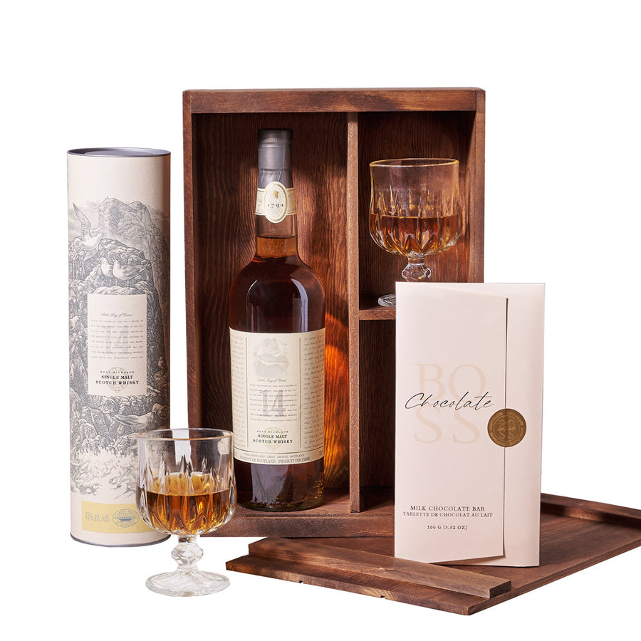 Liquor & Chocolate Gift Box,  pair of snifter glasses, a bottle of liquor, a delectable bar of chocolate, and a wooden gift box for an elegant presentation and convenient storage, Gourmet Gifts from Vancouver Blooms - Same Day Vancouver Delivery.