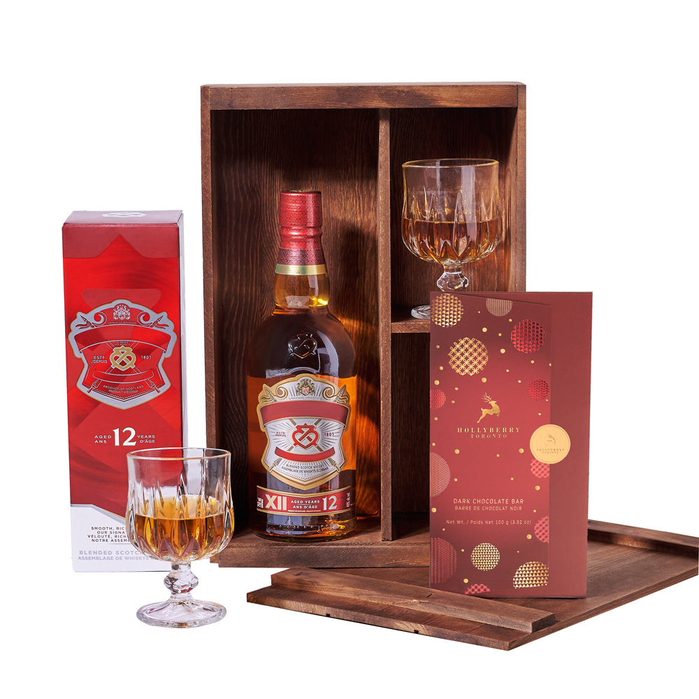 Christmas Spirits &amp; Chocolate Crate, bottle of liquor, two snifter glasses, a bar of dark chocolate, and a wooden gift box for a polished presentation and convenient storage, Holiday Gifts from Vancouver Blooms - Same Day Vancouver Delivery.