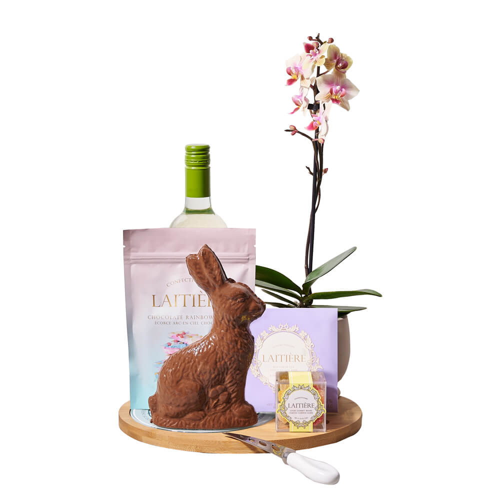 Orchid & Wine Easter Gift, orchid gift, orchid, plant gift, plant, easter gift, easter, wine gift, wine, chocolate gift, chocolate. Vancouver Delivery