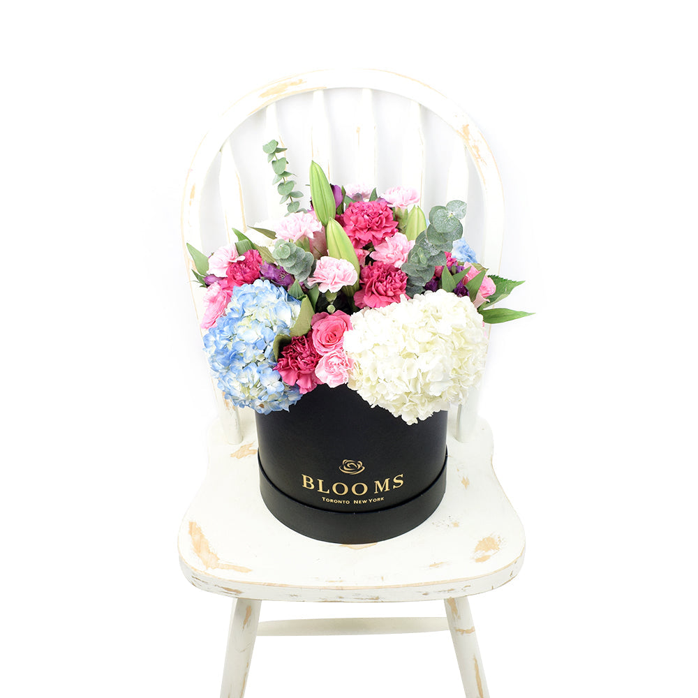 Pastel Floral Box Arrangement, Floral Gifts, Mother's Day Gift Baskets, Mixed Floral Hat Box, Mixed Floral Arrangement, Vancouver Same Day Delivery