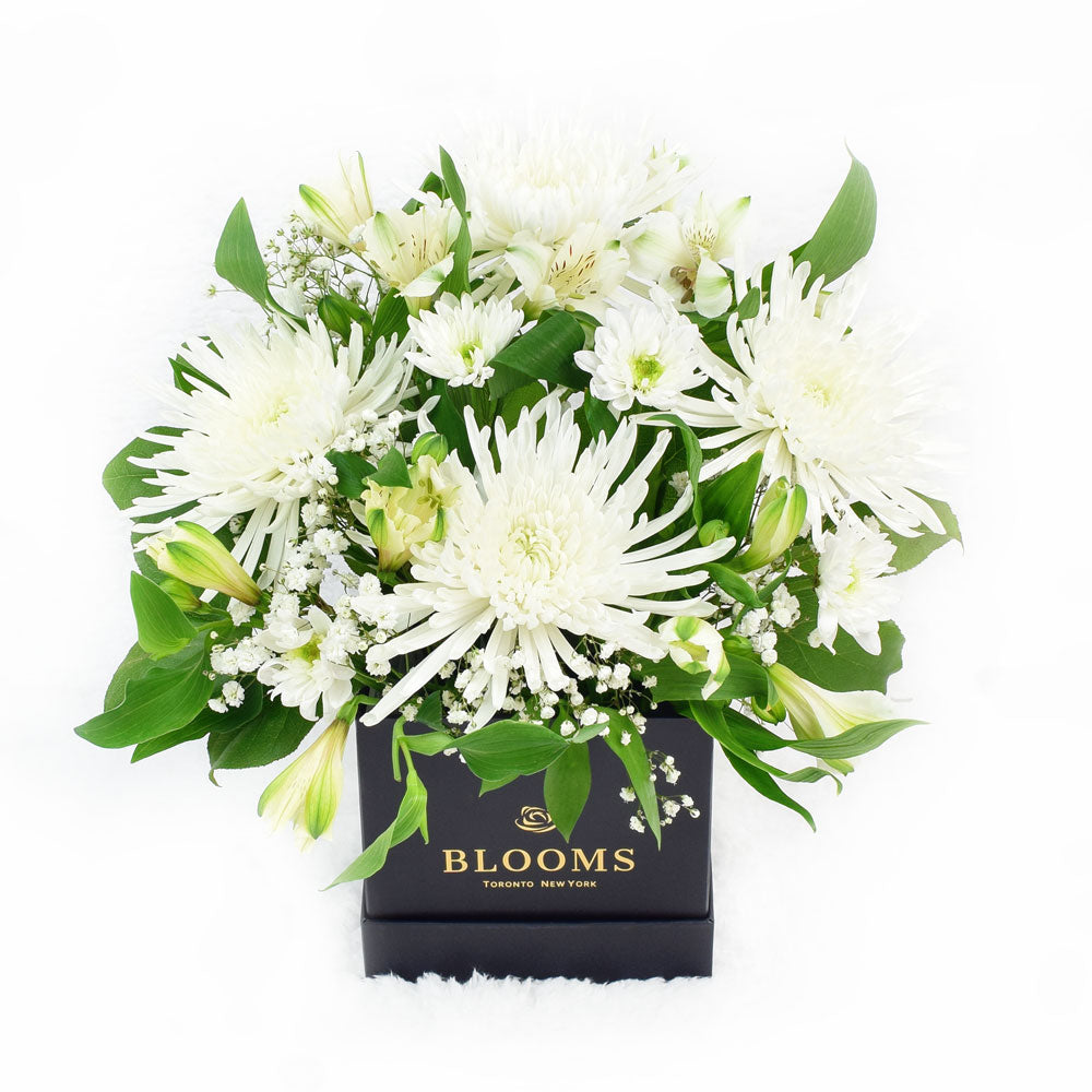 White floral mixed hat box arrangement. Same Day Vancouver Delivery.