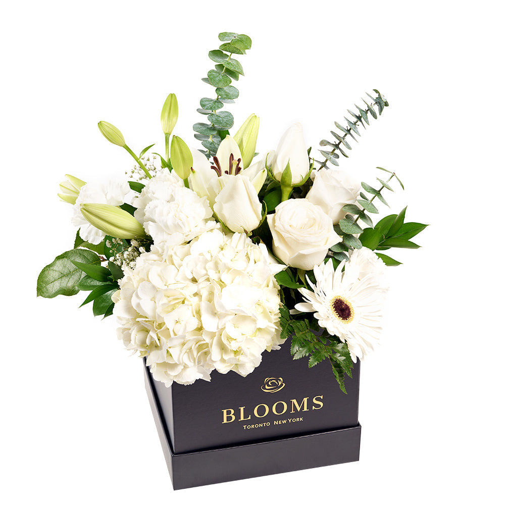 Pops of Joy Floral Centerpiece, Mixed Floral Hat Box from Vancouver Blooms - Same Day Vancouver Delivery.
