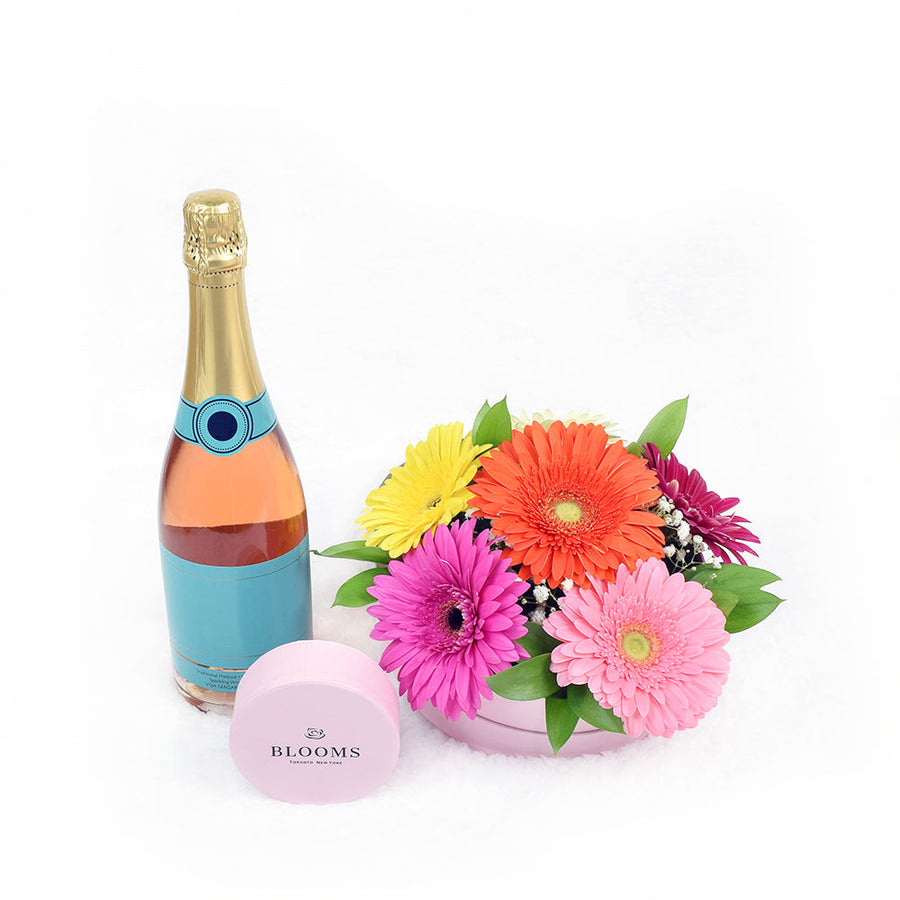 Posh Delights Champagne & Flower Gift, Daisy floral arrangement with champagne and chocolate truffles, from Vancouver Blooms - Same Day Vancouver Delivery.