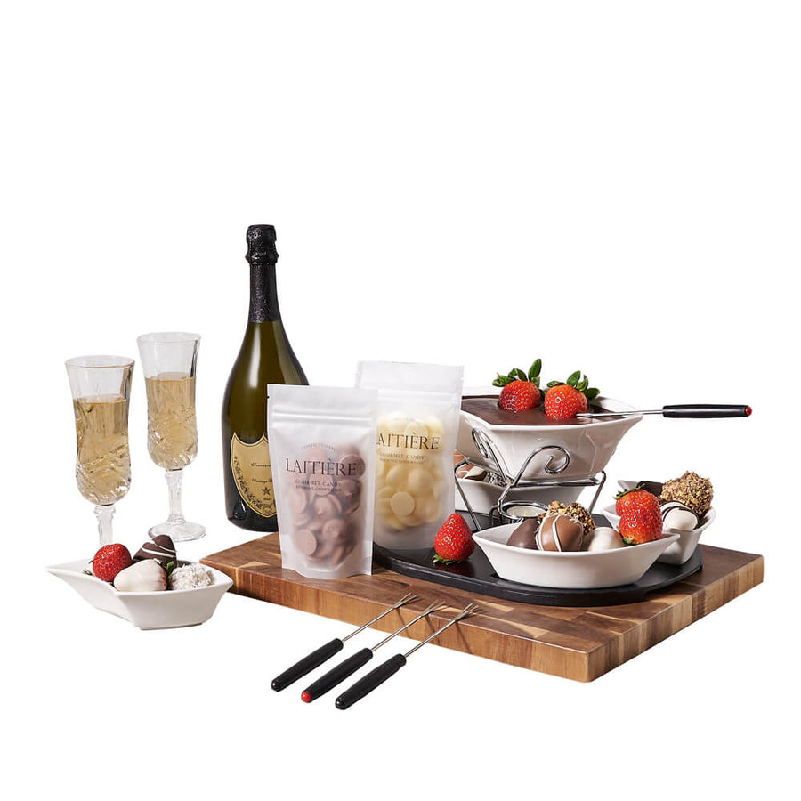 Romantic Champagne & Chocolate Fondue Gift, chocolate gift, chocolate, sparkling wine gift, sparkling wine, champagne gift, champagne, fruit gift, fruit, chocolate fondue gift, chocolate fondue. Vancouver Delivery