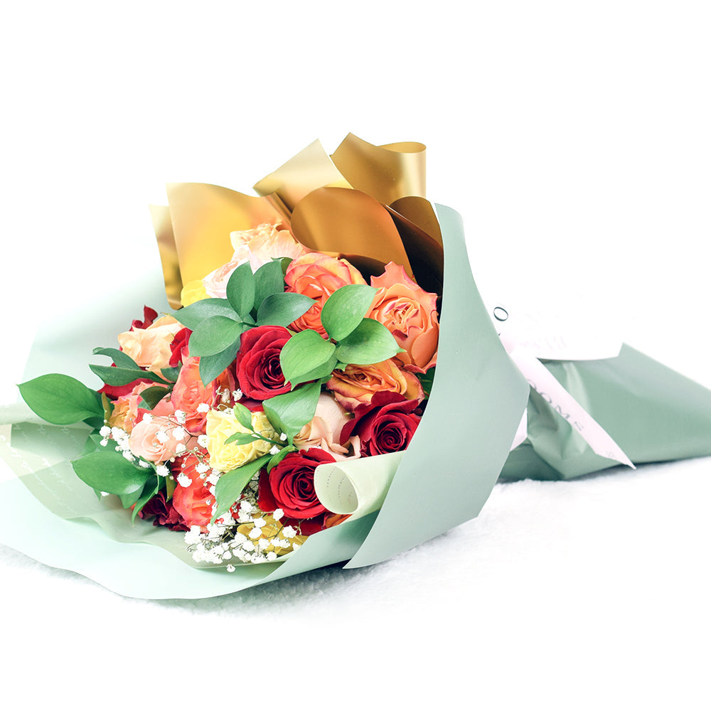Rustic Arcadia Rose Bouquet with red, orange and yellow roses. Baby's breath and ruscus, from Vancouver Blooms - Same Day Vancouver Delivery.