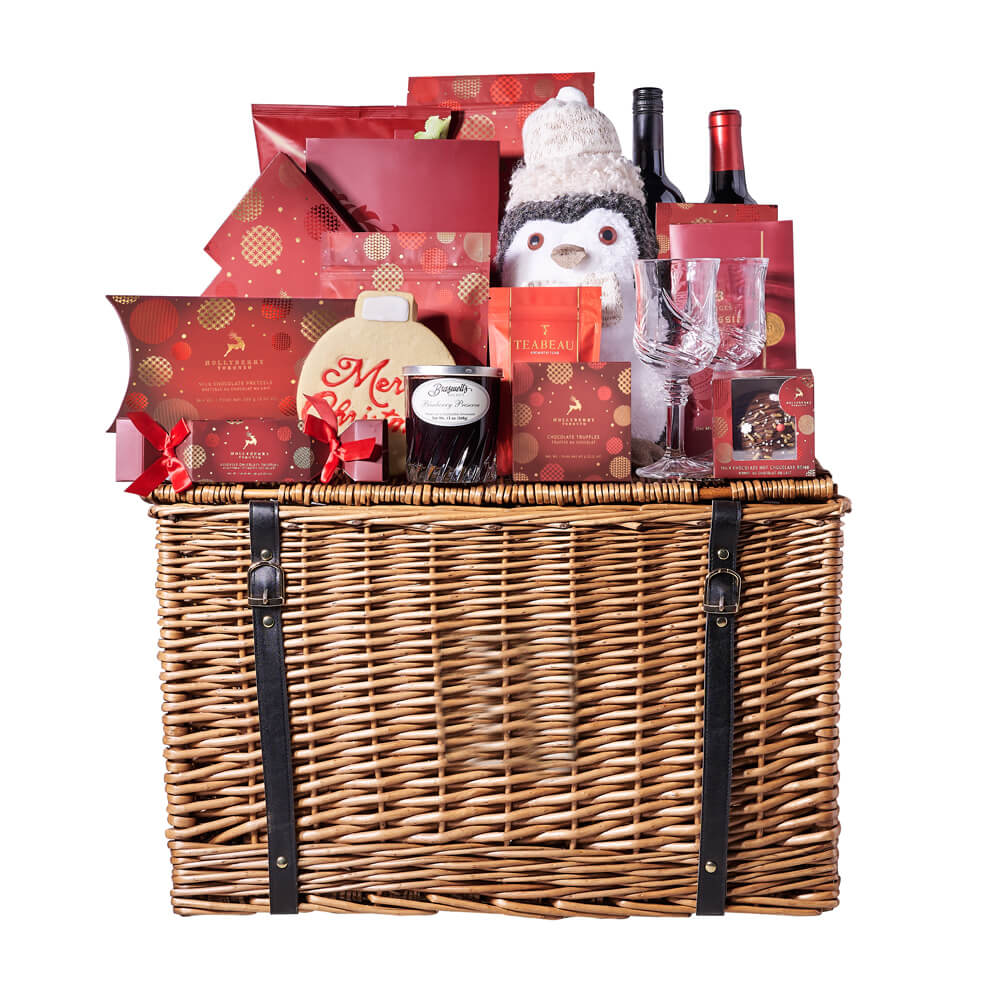 Season’s Greetings Wine Gift Basket, two bottles of wine, cinnamon tea, individual chocolate truffles, a Christmas cracker chocolate box, a Christmas tree chocolate box, beet chips, chocolate-covered cranberries, blueberry preserves, a hot chocolate bomb, white chocolate peppermint popcorn, chocolate-covered pretzels, white chocolate cranberry pistachio bark, truffles, a bar of chocolate, a hand-decorated cookie, a holiday penguin figure, two wine glasses, Same Day Vancouver Delivery.