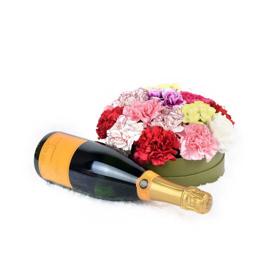 Mixed Carnation Box Arrangement With Champagne - Wine Gift - Same Day Vancouver Delivery