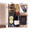 Snack & Champagne Gift Box, bottle of sparkling wine, velvety milk chocolate, creamy brie cheese, zesty red jalapeno mustard, classic crackers, and a wooden gift box for a stylish presentation and convenient storage, Snack Gifts from Vancouver Blooms - Same Day Vancouver Delivery.