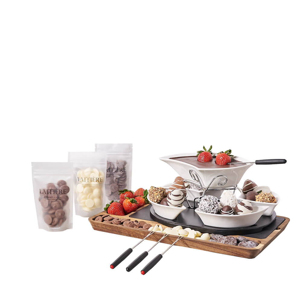 Strawberry & Chocolate Fondue Gift Board, chocolate gift, chocolate, fondue gift, fondue, chocolate fondue gift, chocolate fondue, fruit gift, fruit, strawberry gift, strawberry, gourmet gift, gourmet Vancouver Delivery