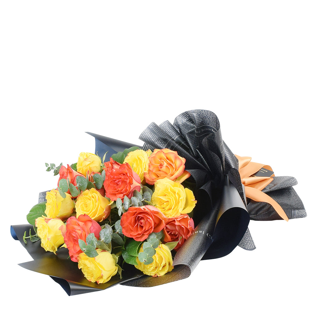 Sunset rose bouquet in red, yellow, and orange. Same Day Vancouver Delivery
