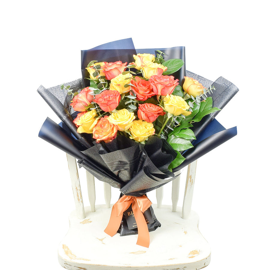 Sunset rose bouquet in red, yellow, and orange. Same Day Vancouver Delivery