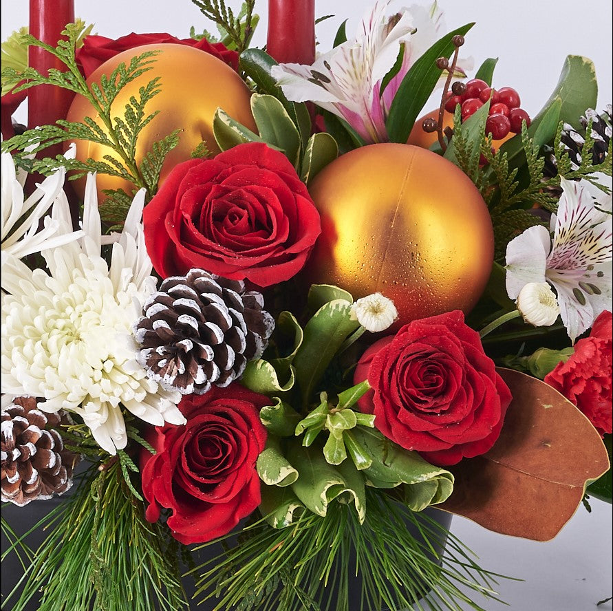 Candlelit Holiday Floral Arrangement, Floral Arrangement, Flower Gifts from Vancouver Blooms - Same Day Vancouver Delivery.